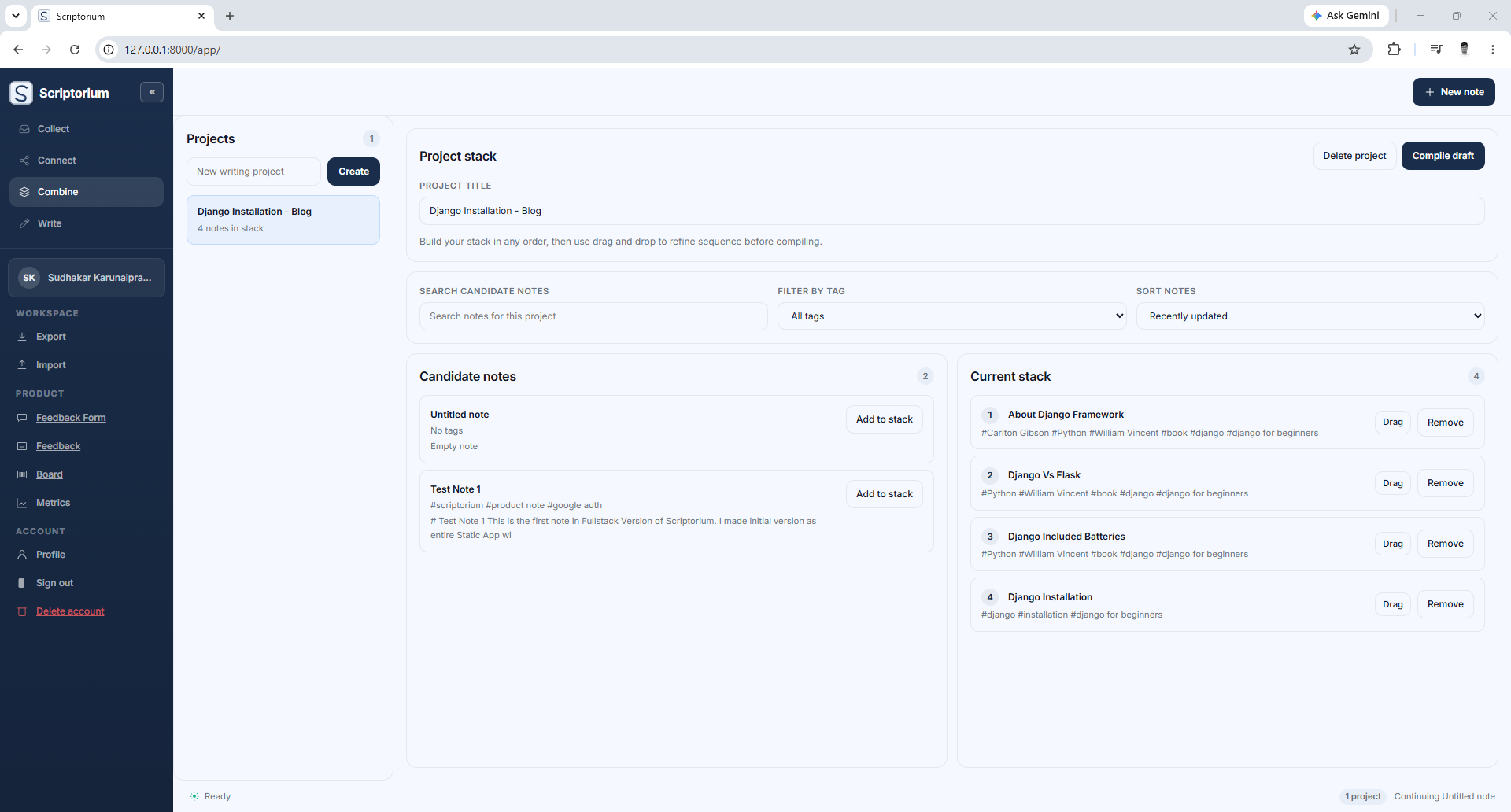 Combine mode: build a project stack from candidate notes