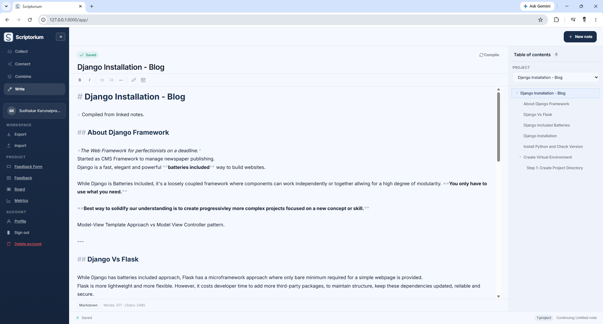 Write mode: compiled draft with table of contents